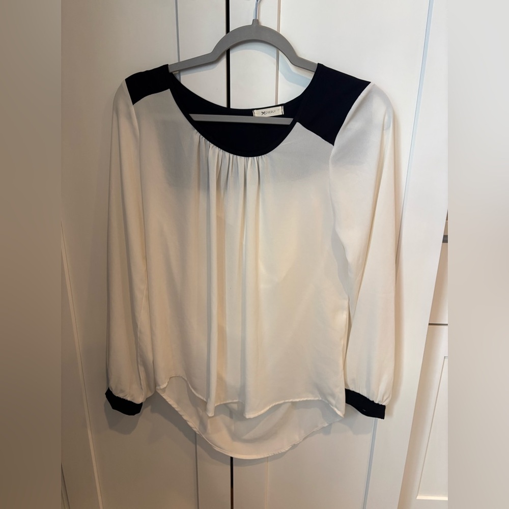 Everly White Blouse with Black Trim. Flowy, dressy top